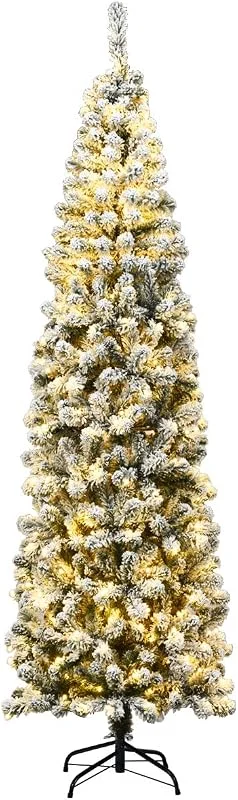 Visita la tienda de COSTWAY COSTWAY Árbol de Navidad Nevado 225cm, Slim, Estrecho Con Luces LED Cálidas Incorporadas, 350 Luces, 641 Ramas de PVC (225 cm) — Decoracion Navidad