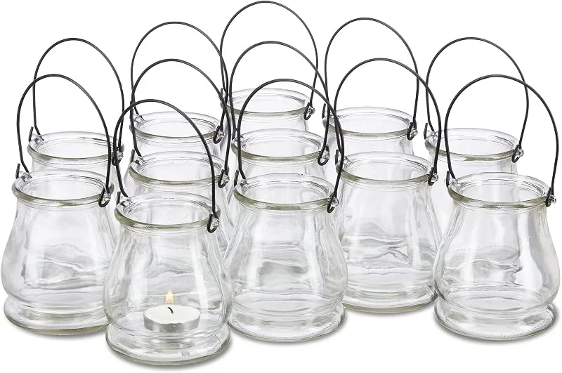 Visita la tienda de Relaxdays Relaxdays Set de 12 Portavelas con Asa Decorativos para Interior y Exterior, Cristal, Transparente, 10 cm de Alto — Cena a la luz de velas