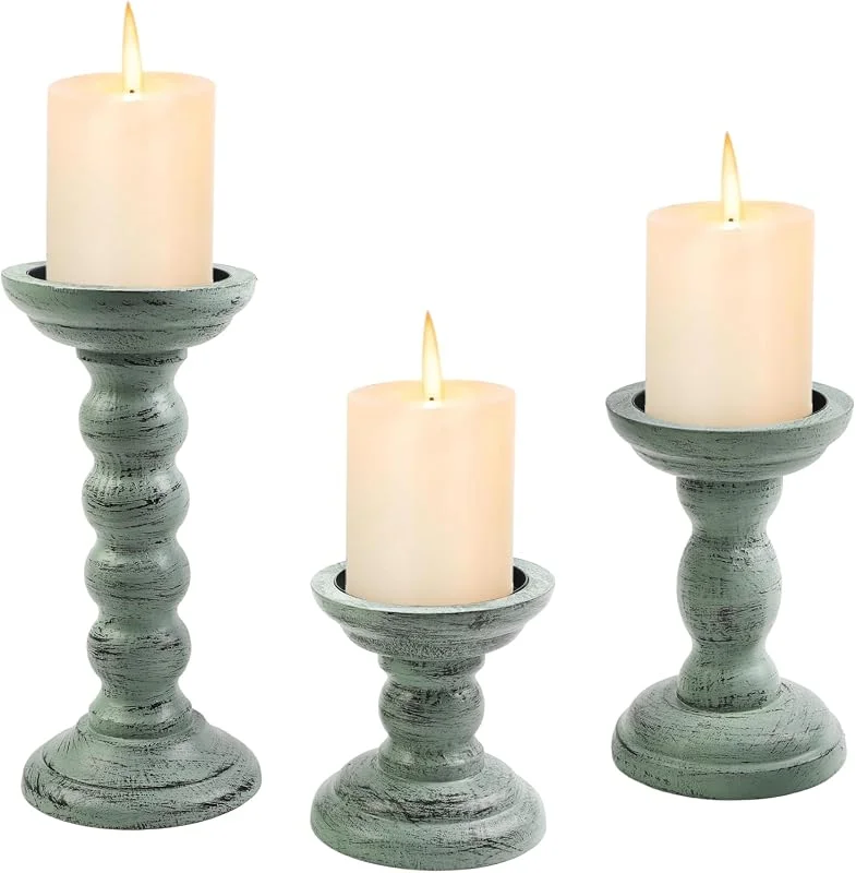 YiYa Juego de 3 Portavelas de Madera Envejecida Rústica, Verde Menta — Cena a la luz de velas