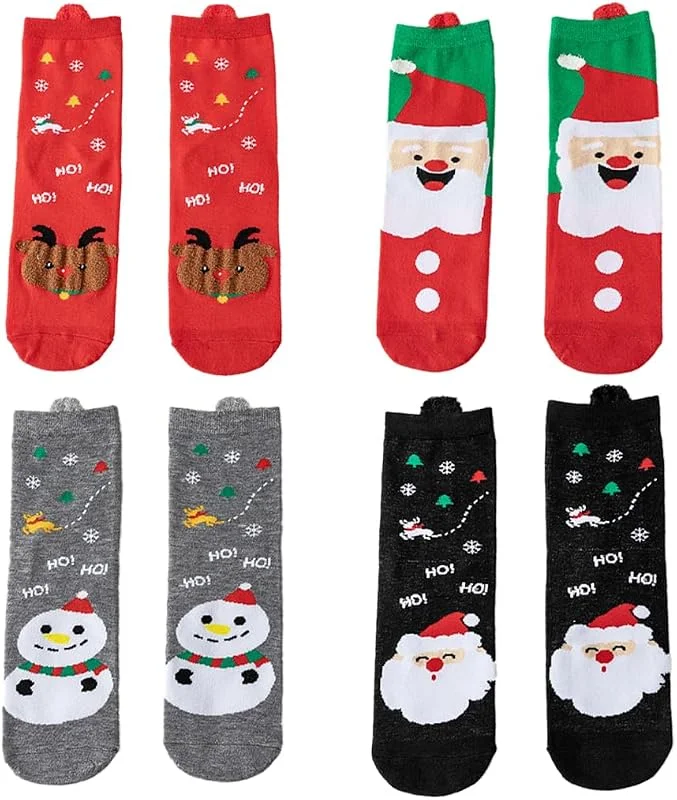 OIXYEY 4 Pares Calcetines Navideños Divertidos de Algodón para Hombre y Mujer, Regalos Originales para Familias en Fiestas de Navidad, Diseños Únicos de Santa Claus y Renos — Decoracion Navidad