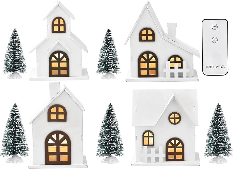 Ovootok Juego de 9 accesorios de pueblo de Navidad, 4 casas de Navidad iluminadas por LED, 5 árboles esmerilados, decoración de Navidad, colección de pueblo de Navidad de madera blanca para decoración — Decoracion Navidad