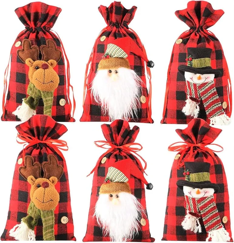 LATERN 6 Piezas Bolsas con Cordón Navideñas, Grande 3D Tela Papá Noel Muñeco de Nieve Reno Bolsas de Arpillera Cuadros de Búfalo Bolsas para Envolver Regalos para Favor de Fiesta de Navidad — Envoltorio regalo