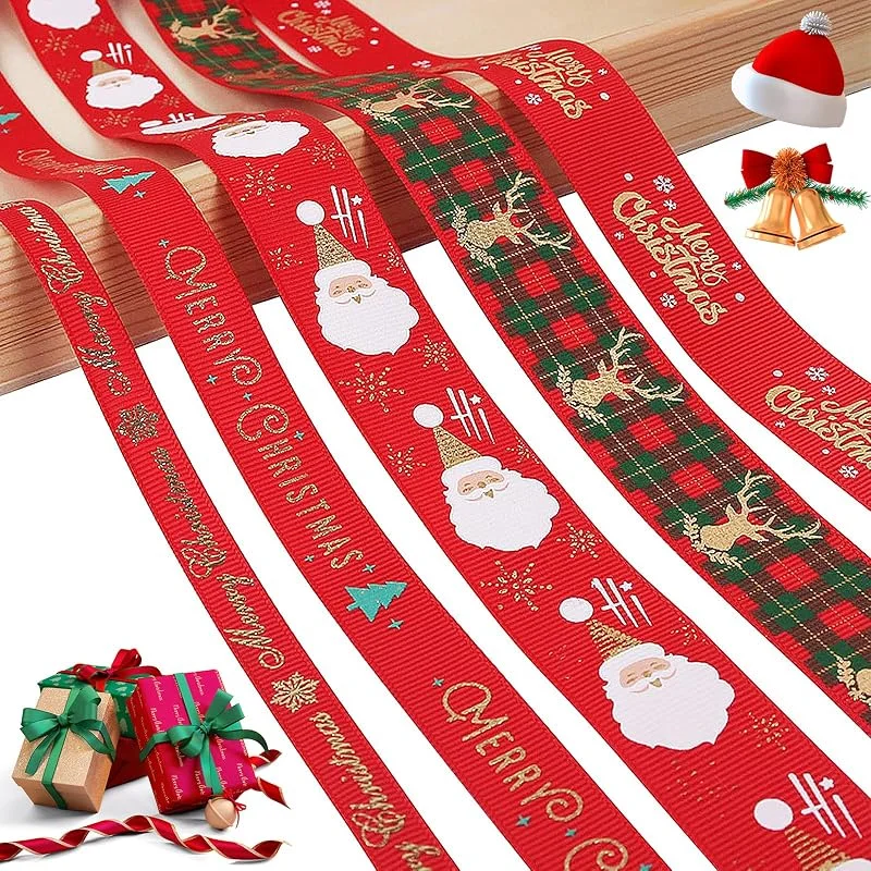 Begpoee 5 Piezas Cinta Navideña, Poliéster Cintas Temáticas Navideñas, De Cintas de Navidad Rojo y Verde, Cinta de Grosgrain Navideña, Cintas de Regalo, para Envolver (91 cm) — Envoltorio regalo