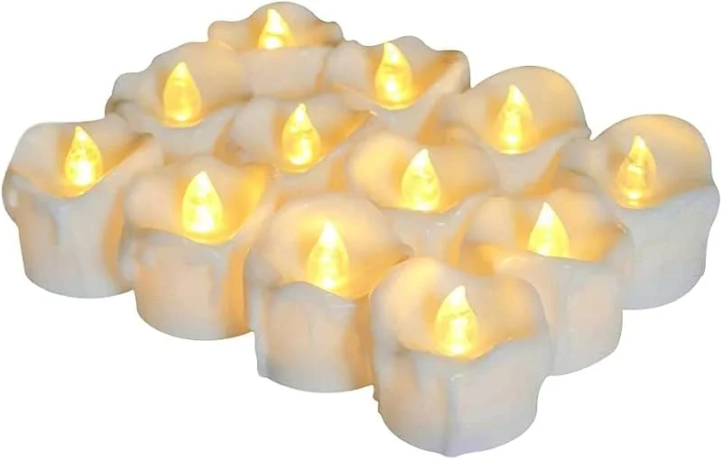 Enegg Velas de té que funcionan con pilas con temporizador (6 horas encendidas y 18 horas de apagado), 12 luces LED de sincronización sin llama, velas votivas eléctricas en blanco cálido — Cena a la luz de velas