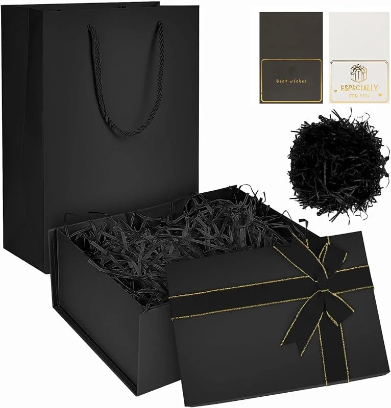 HENGBIRD Caja Regalo con Tapa 22, 5×16×8, 5 cm – Caja Regalo Negra Plegable con Lazo y Bolsa – Cajas Regalos de Lujo con Tarjeta y Relleno para Cumpleaños, Boda, Navidad, Fiesta, Mujer Hombre — Envoltorio regalo