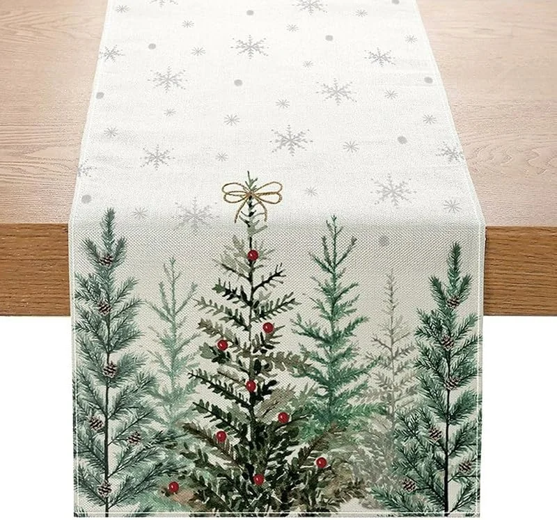 Montrestar Camino de mesa de Navidad, 33×275 cm Camino de mesa navideño moderno, verde con árbol de Navidad, camino de mesa navideño para la mesa de la cocina, decoración de mesa de Navidad — Hogar y cocina