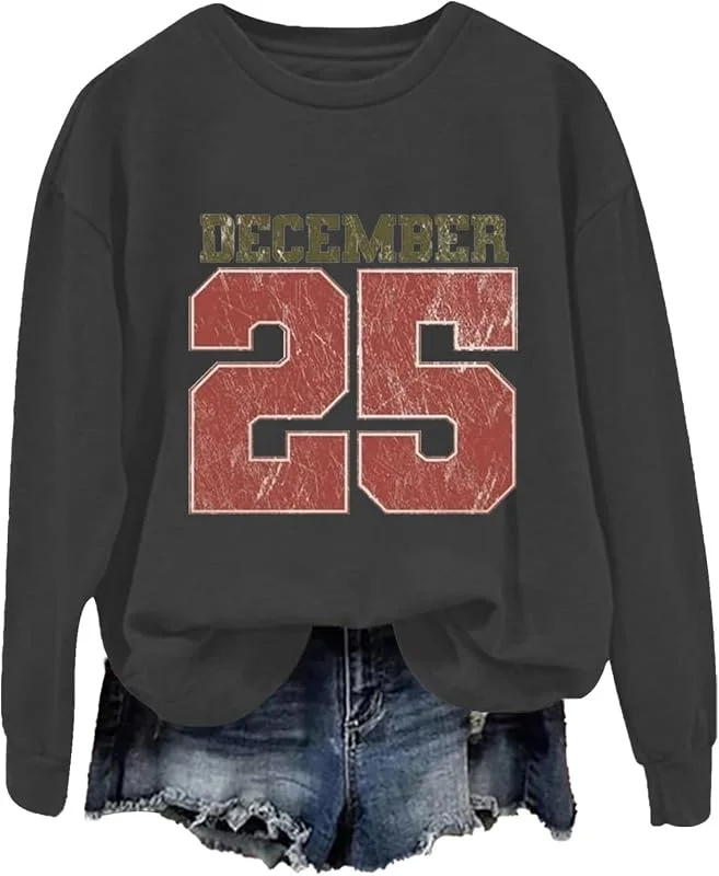 tacniseyw Suéter de Navidad para mujer, sudadera de manga larga con cuello redondo, camisetas divertidas, talla grande, estampado de Navidad, 25 de diciembre, sudadera de Navidad para mujer, novedad — Ropa Navidad