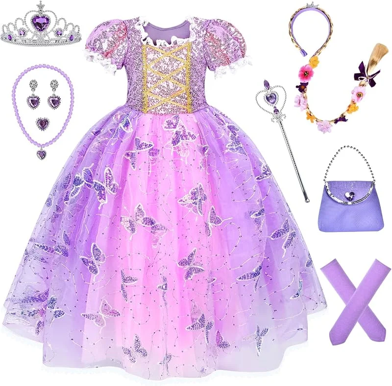 Herenear Disfraz Rapunzel Niña, Vestido Princesa para Niños de 3-12 Años, Niña Disfraz de Princesa con Accesorios Vestido de Princesa Tul Cumpleaños Fiesta Cosplay Navidad Carnaval Vestidos — Ropa Navidad