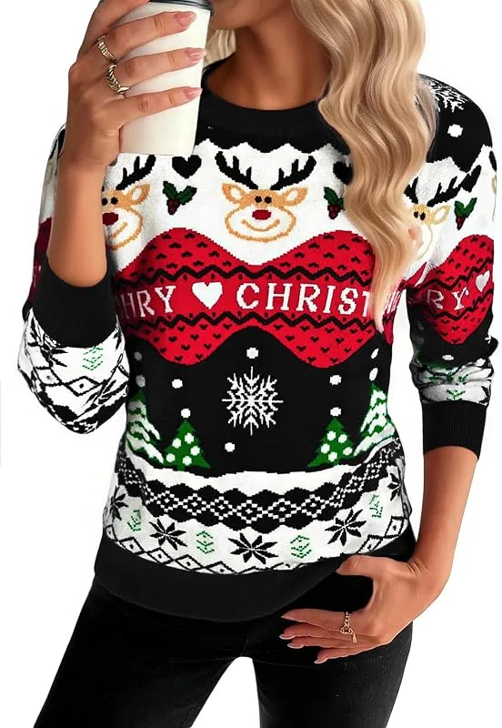 Visita la tienda de Bresdk Bresdk Jersey Navideño Mujer Divertido Suéter Navidad de Punto Ugly Christmas Sweater de Reno Invierno Ropa Cuello Redondo para Familiares S-XXL — Ropa Navidad