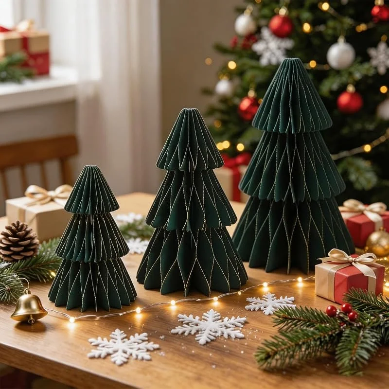 Filltown 3 árboles de Navidad de panal, árbol de Navidad de papel verde 3D, centro de mesa, decoración vintage de Navidad para fiesta de invierno, Año Nuevo, decoraciones de fiesta de vacaciones — Decoracion Navidad