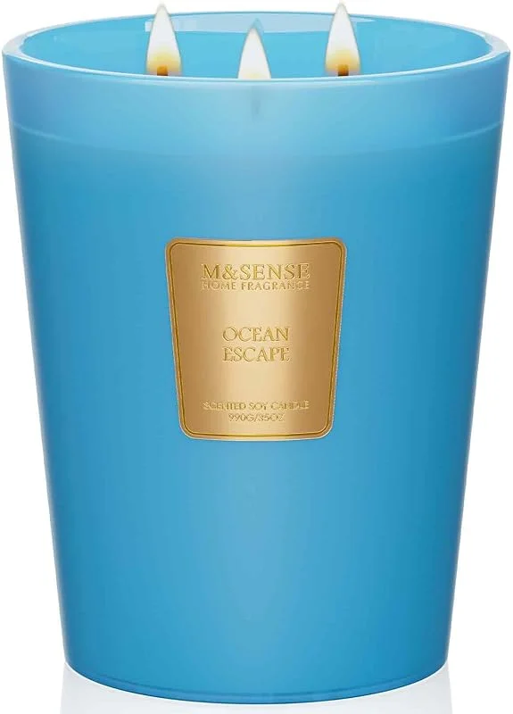 M&SENSE Ocean Escape Velas Aromáticas de Soja 990g, Regalos Originales para Mujer, Decoracion Hogar Relajante, Velas Grandes 3 Mechas 150h, Fragancia Marina Fresca en Tarro de Cristal XXL, Regalo Mama — Cena a la luz de velas