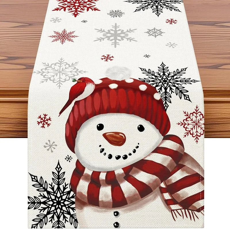 Artscope Camino de Mesa Navidad 40x140cm, Decoracion Camino Mesa de Lino Navidad de Fiestas y Cocinas al Aire Libre (Copos de Nieve y Muñecos de Nieve Rojos) — Hogar y cocina