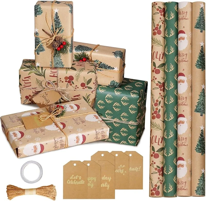 Oneshlee 4 Rollos Papel Regalo Navidad Kraft, 43cm X 3m Papel Regalo Navidad Rollo Grande Con Etiquetas, Rollo Papel Regalo Navidada Con 1 Cuerda De Yute, Rollo Papel De Regalo, Wrapping Paper Christmas — Envoltorio regalo