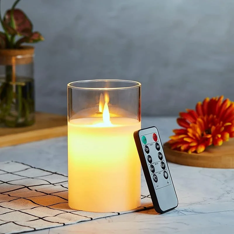 Lonkenn Velas LED con llama parpadeante, columna de cera real sin llama, con mando a distancia, cristal, temporizador de 24 horas, funciona con pilas, 10 cm, color blanco — Luces Navidad