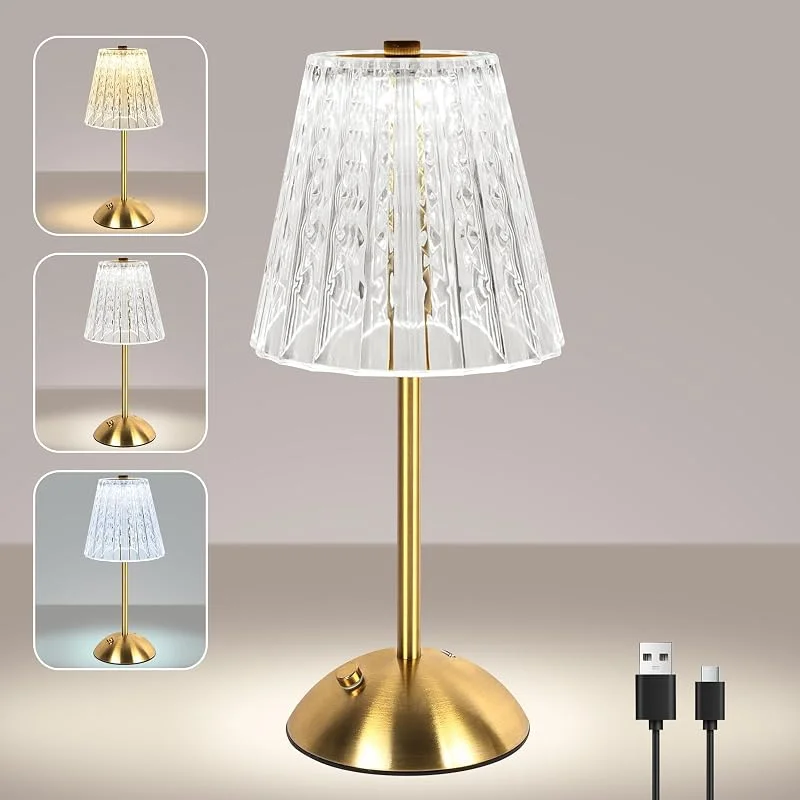 vsshe Lampara Inalambrica, 2000mAh Lampara Recargable con USB-C, 3 Temperaturas de Color Toca Cristal Lampara de Mesa, Lámpara de Mesa Inalámbrica para Dormitorio, Cafetería, Bar, Cena (Oro) — Cena a la luz de velas