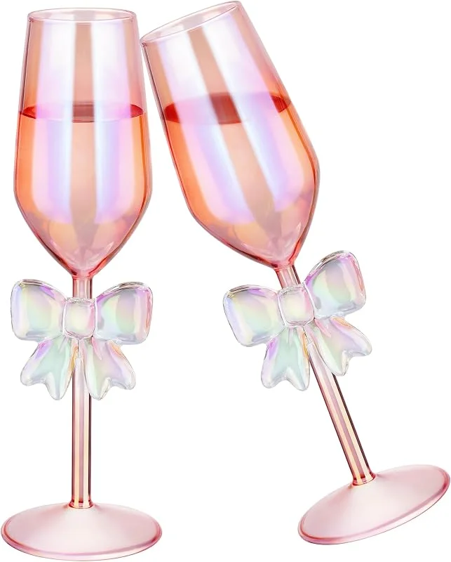 NiHome Paquete de 2 copas de champán iridiscentes rosas con base de lazo para mujer, 310 ml, vasos de borosilicato altos hechos a mano, elegante cristalería arcoíris para celebración de fiesta de boda — Vino y mesa festiva