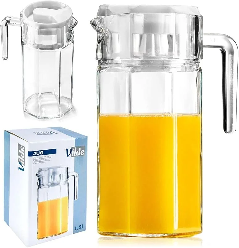 VILDE Jarra de cristal con tapa y boquilla, 1, 5 litros, Jarra de cristal con tapa, jarra de agua, jarra de agua, jarra de agua, jarra de té, fruta, jarra de agua — Vino y mesa festiva