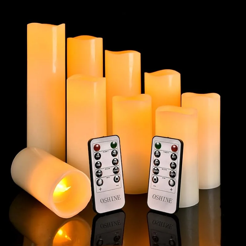 Visita la tienda de OSHINE Velas de LED sin llama H4" 5" 6" 7" 8" 9" Set de9 pilar de cera real no plástico Con 10 teclas de control remoto temporizador300 horas (9, marfil) [Clase de eficiencia energética A] — Luces Navidad