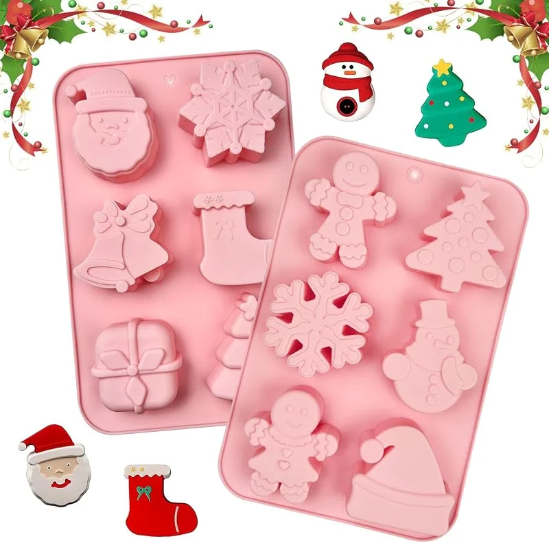 Dafencar Moldes de Navidad en Silicona, 2pcs, 6 Cavidades, para Hornear Pasteles, Chocolate, Pan de Jengibre, Jabón de Gelatina, Rosa, Árbol, Silicona — Hogar y cocina