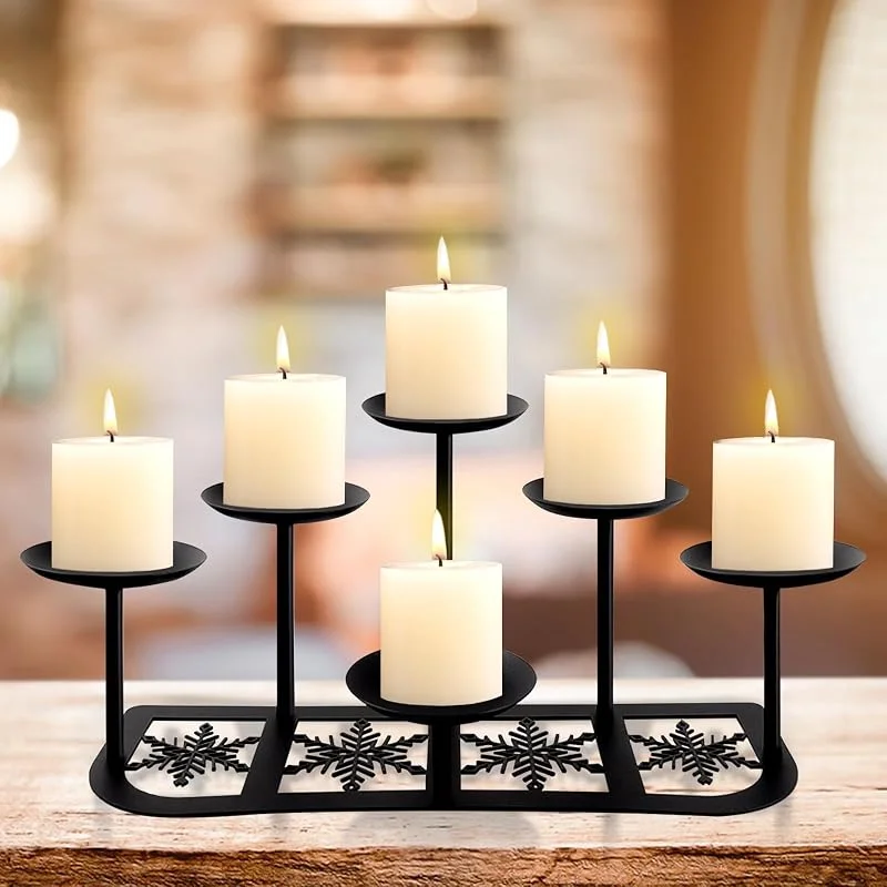 Beyoogeem Portavelas de Metal Negro Mate con 6 Soportes para Velas, decoración de Manto para Velas sin Llama o Pilar de Cera, Centro de Mesa, decoración de Navidad, Boda, Fiesta — Cena a la luz de velas