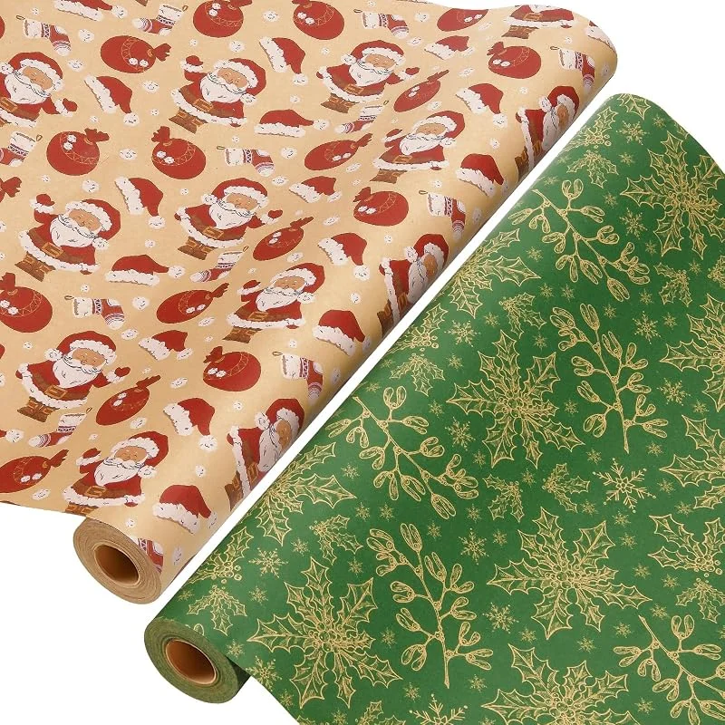 AhfuLife 2 Rollos Papel de Regalo Navideño Kraft Reciclable - 43cmx15m — Envoltorio regalo