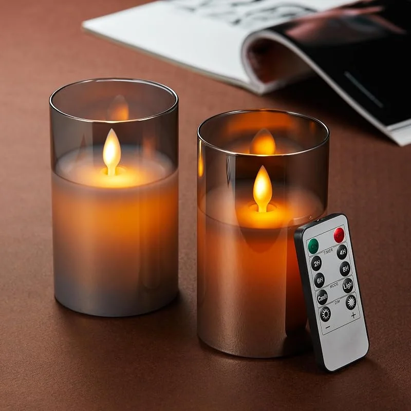 Lonkenn Velas LED Pack de 2 Parpadeante Sin Llama, con Vidrio y Temporizador, Mando a Distancia, Real Cera, Regulable Para Dormitorio Fiesta - 15cm Gris — Cena a la luz de velas
