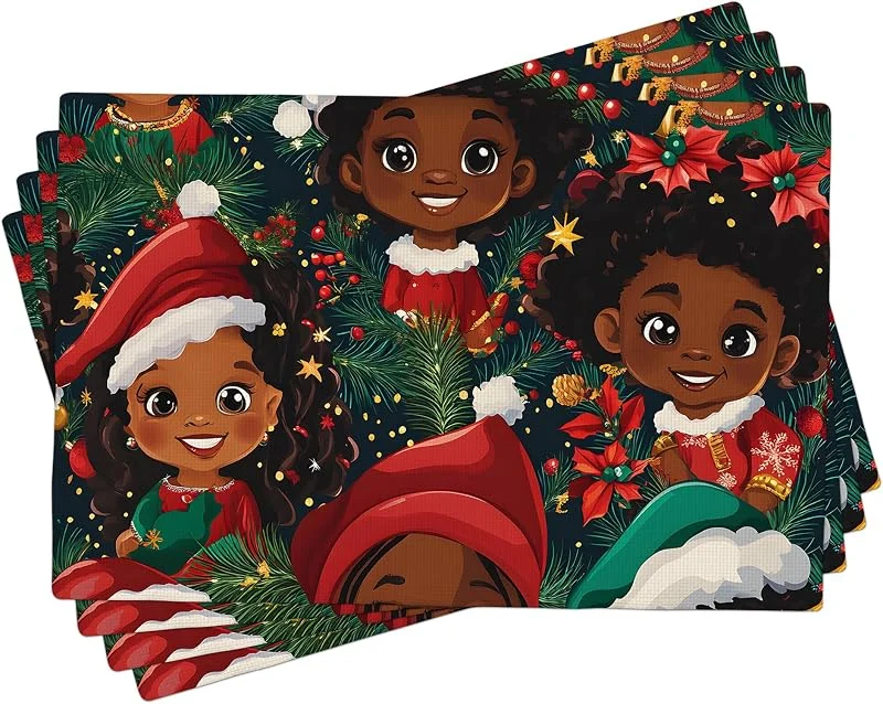Generic Juego de 4 manteles individuales de personajes de Navidad, manteles individuales rojos y verdes para cenas festivas, manteles individuales lavables de tela decorativos de Navidad, 45, 7 x 30, 5 cm — Hogar y cocina