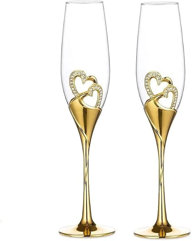 LANLONG Juego de 2 copas de copas de champán de boda, copas de tostado de cristal de corazón creativo dorado para parejas, juego de regalo de copas de champán para novia y novio, compromiso, aniversario — Vino y mesa festiva