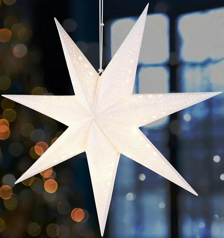 Visita la tienda de BRUBAKER BRUBAKER 3D Colgante Estrella de Navidad - Estrella de Papel de Ventana con E14 Pie - 60 cm Estrella de Adviento con Patrón Deco - Estrella de Luz de Navidad Set con Cable de 3, 5 M - Colgando - Blanco — Decoracion Navidad