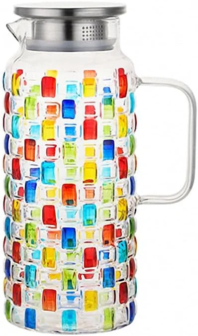 Puremagics Jarra de cristal colorida pintada a mano con tapa de acero inoxidable, diseño de tejido colorido, jarra de agua caliente, fría, jarra de jugo y té helado (1500 ml). — Vino y mesa festiva