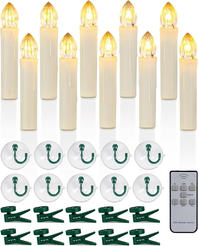 Raycare 10 velas LED sin llama para ventana con temporizador remoto, velas cónicas sin llama, funcionan con pilas, luz blanca cálida parpadeante con clips, ventosas para Navidad y Halloween — Luces Navidad