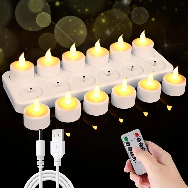 Zoelele Velas LED Realistas con Acceso a Control Remoto, 12 Piezas sin llama Velas de té LED con Estación de Carga, 12 Tazas Satinadas, Temporizador, para Bodas, Fiestas, Navidad (12 Velas de Té) — Cena a la luz de velas