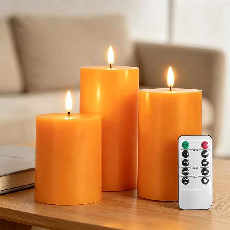 RosMank Juego de 3 Velas LED con Mando a Distancia de 10 Botones, sin Llama, con Llama Parpadeante, Cera Real Suave, Decoración para Navidad, Cumpleaños, Boda y Fiesta, Naranja — Cena a la luz de velas