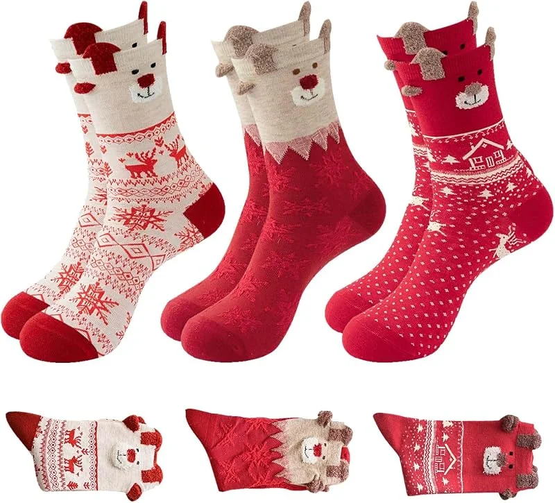 Anbnoco 3 Pares de Calcetines Navideños, Calcetines de Navidad para mujer, Calcetines Termicos de Invierno, Copo de Nieve de Reno, Apto para llevar en invierno, es un Regalo Ideal para Navidad o Cumpleaños — Decoracion Navidad
