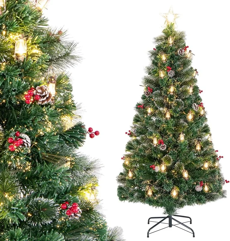 Visita la tienda de COSTWAY COSTWAY Árbol de Navidad Nevado 150, 180 cm, Arbol de Navidad con Luces Incorporadas, 8 Modos, 49, 64 Luces LED Cálidas, Fibras Ópticas, Agujas de Pino, Piñas, Bayas Rojas y Lámparas (180 cm) — Decoracion Navidad