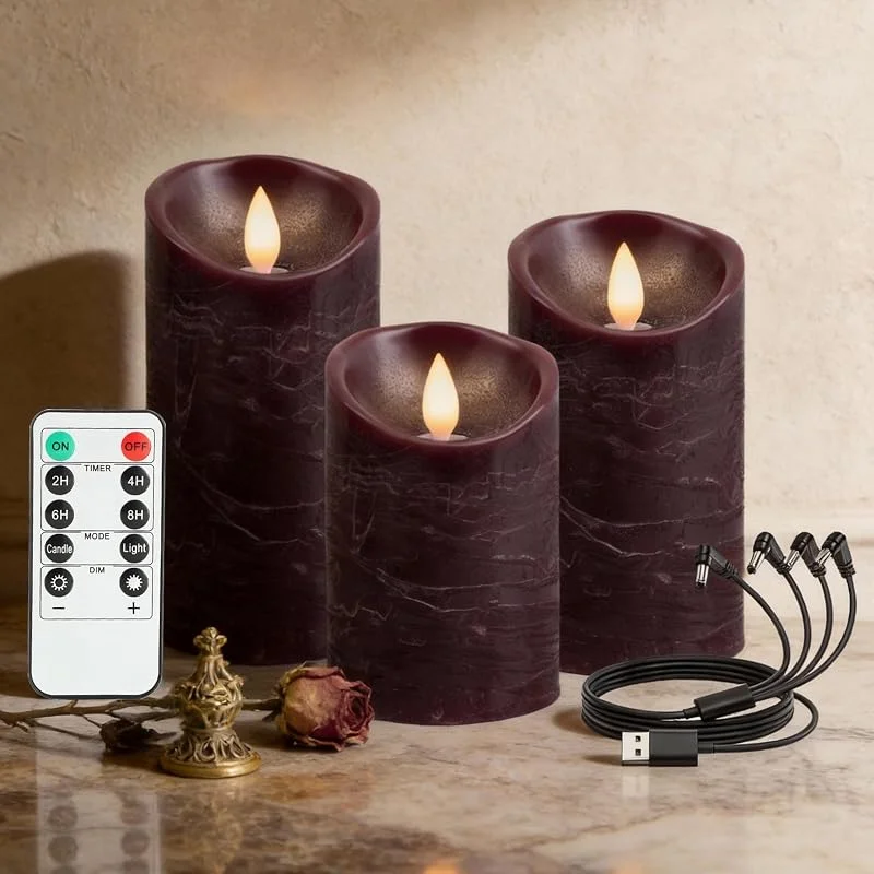 RanBluu Paquete de 3 Velas LED con mando a distancia y temporizador, vela led efecto llama Recargables USB, flameless candles electricas, para decoracion navidad hogar, camping, Rojo — Cena a la luz de velas