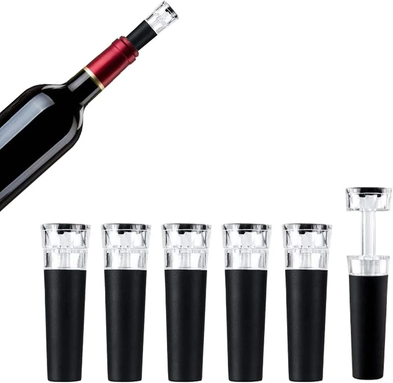 JCKD 6 piezas Tapón de vino al vacío, tapón de silicona para botellas con bomba de vacío, sello reutilizable a prueba de fugas, apto para Vino, champán y vino espumoso, mantiene la botella fresca (negro) — Vino y mesa festiva
