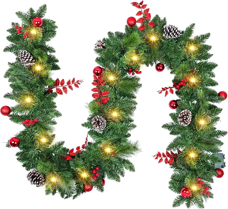 Neqraxis Guirnalda Navideñas con Luces LED, Guirnalda de Navidad 2, 7m, Corona Navidad Puerta Artificial, Decoracion Navidads 2025 para Exterior, Interior, Chimeneas, Escaleras