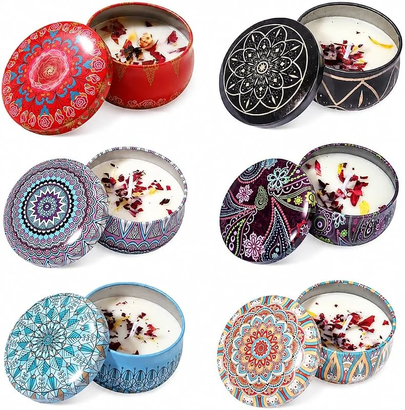 LUDHEP Set 6 Velas Perfumadas de Cera de Soja en Lata con Diseño Mandala, 6 Aromas Diferentes, Duración 15h, para Aromaterapia, Regalo para Mujer, Aniversario — Cena a la luz de velas