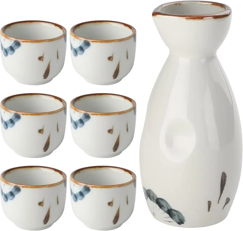 forkmannie Juego de 7 sake japonés de cerámica incluye 1 botella de sake y 6 tazas de sake para sake caliente o frío en casa o restaurante (blanco) — Vino y mesa festiva