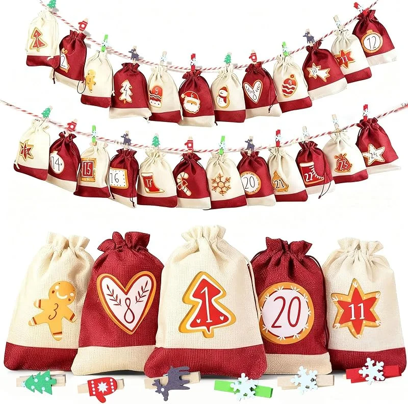 Visita la tienda de Rongxze Calendario de Adviento de tela para rellenar, 24 unidades, con 24 clips de Navidad (6 colores x 4) pegatinas de Navidad y cuerda, para envolver regalos de Navidad, bolsas de Adviento — Adviento y mesa