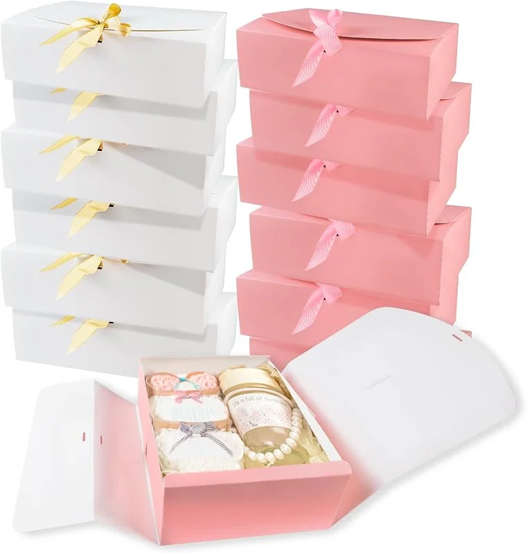 LIUCONGBD 12 Piezas Cajas de Regalo Grandes con Tapa, 27 x 20 x 8cm Caja de Regalo con Lazo, Caja de Embalaje de Regalo para Bodas, Cumpleaños, Navidad y Fiestas, Día de San Valentín (Rosa y Blanco) — Envoltorio regalo