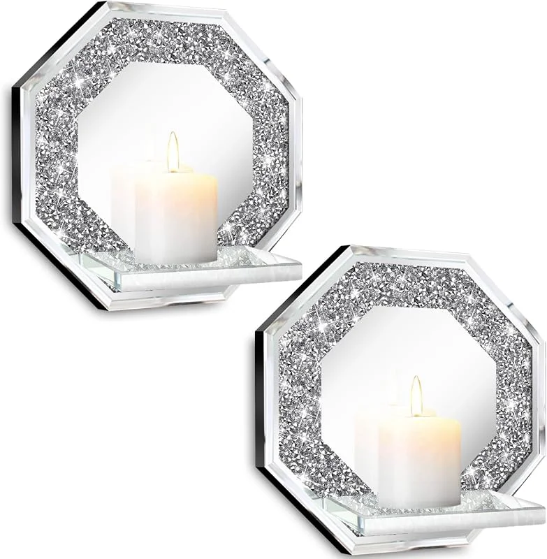 ZOLAPI Juego de 2 portavelas de pared, decoración de diamante con cristales aplastados, octágono, plateado, con espejo, decoración de pared, hogar, sala de estar, comedor, dormitorio — Cena a la luz de velas