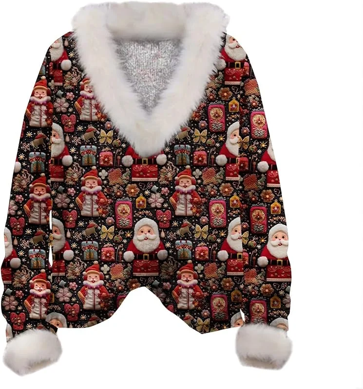 Generic HUIFUAO Sudaderas de Navidad para mujer, suéter de Navidad para mujer, estampado de Papá Noel, cuello de felpa, manga larga, suéter de Navidad para mujer — Ropa Navidad