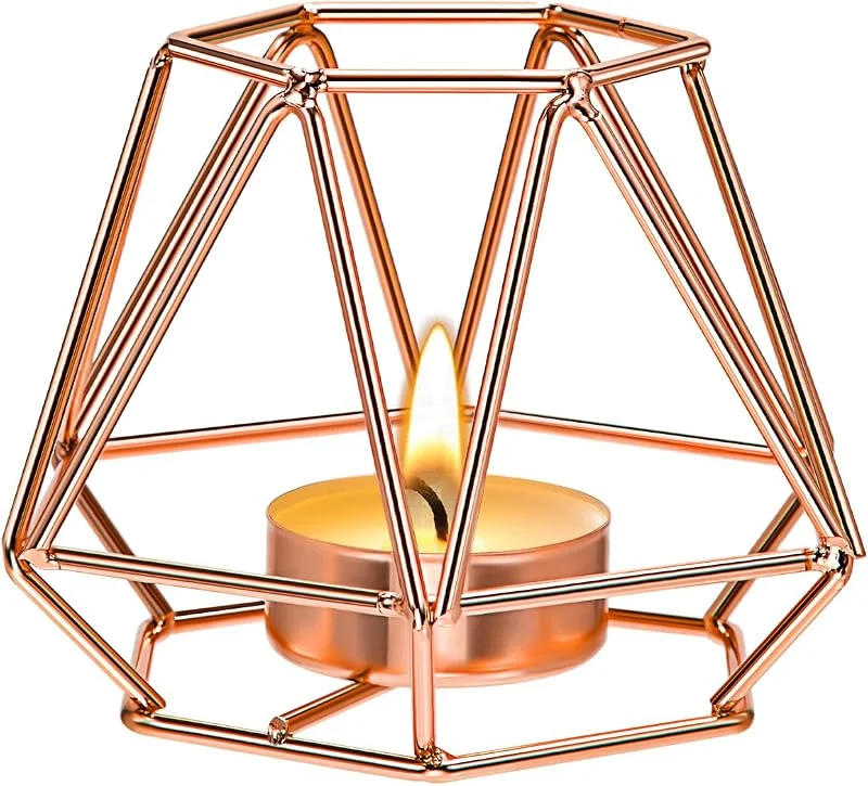 Snugory Portavelas Tealight Geométrico de Hierro, Pequeño, Oro Rosa — Cena a la luz de velas