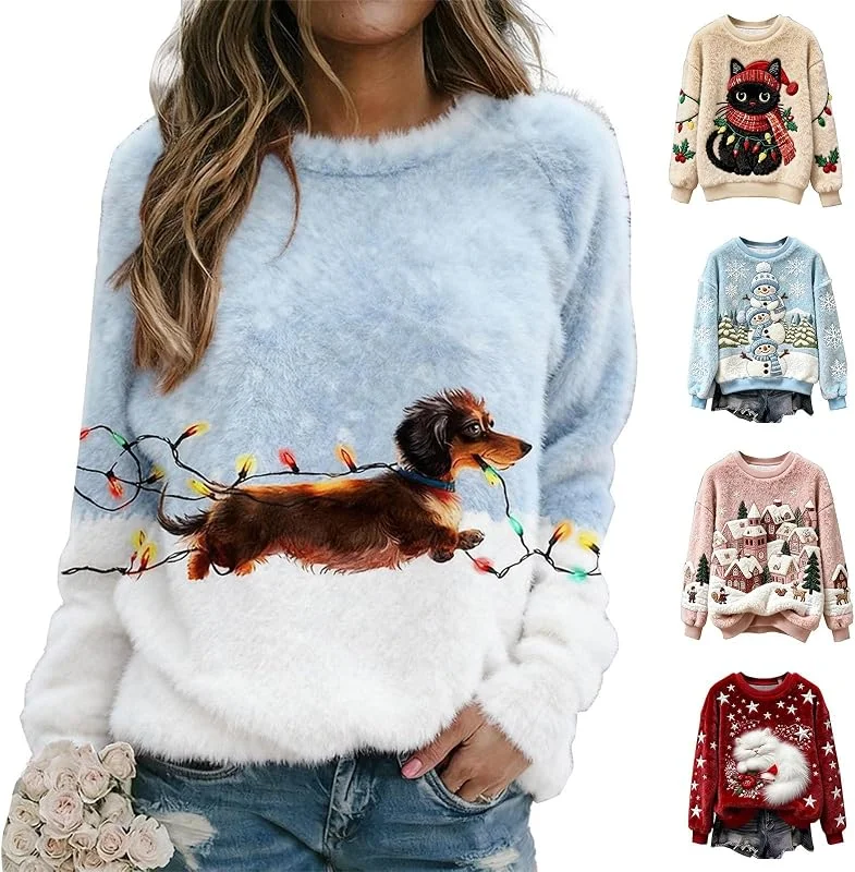 Generic Sudadera de franela para mujer, diseño de muñeco de nieve, gato salchicha — Ropa Navidad