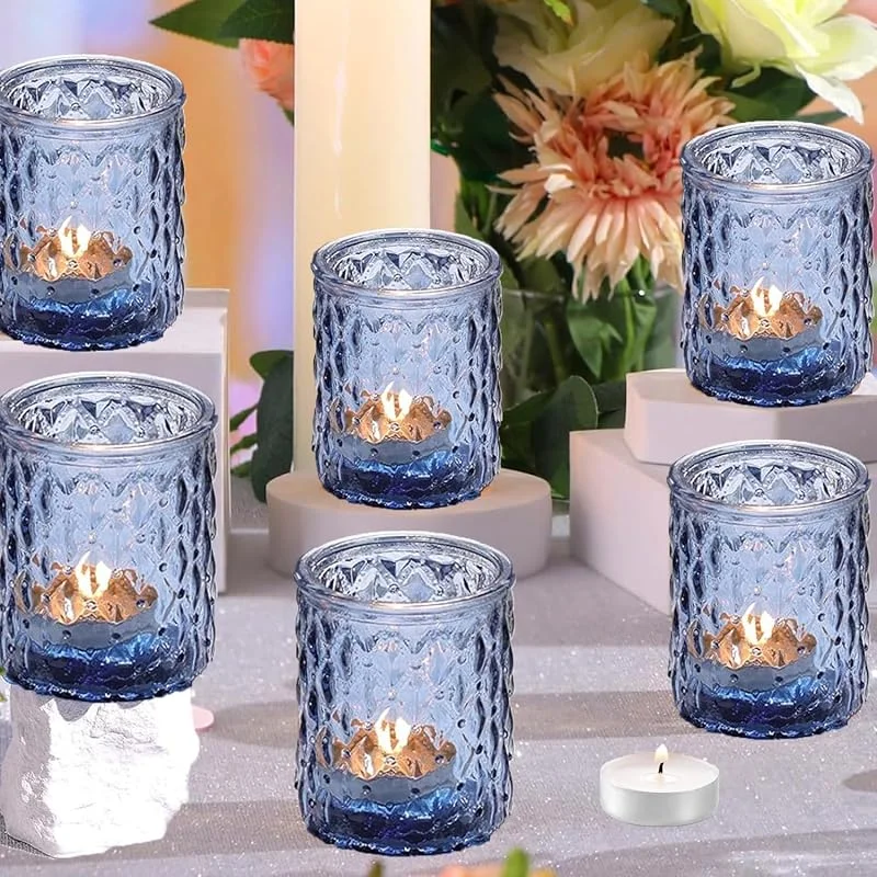 Jinavoty 6 piezas de portavelas de vidrio, portavelas azules para velas votivas, portavelas para mesa de boda, pieza central, fiestas, decoración del hogar (Azul) — Cena a la luz de velas