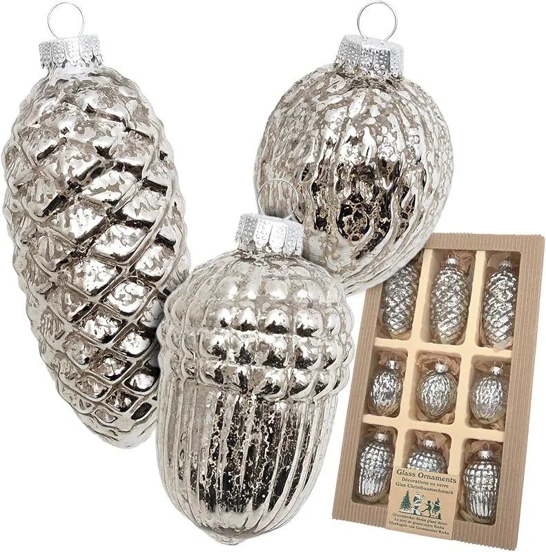 Krebs Glas Lauscha - Decoración de Navidad, Adornos para árbol de Navidad de cristal - Antic Mercury Surtido de piñas, bellotas, nuez - Cantidad: 9 unidades - Color: Plata - Tamaño: aprox. 6-10 cm — Decoracion Navidad