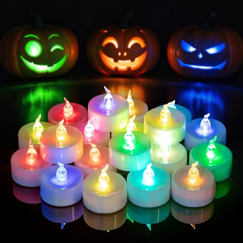 Visita la tienda de Yakpo Juego de 24 velas de té LED de colores que cambian rápidamente, funcionan con pilas, sin llama, parpadeantes, coloridas, para Navidad, cumpleaños y Halloween — Cena a la luz de velas
