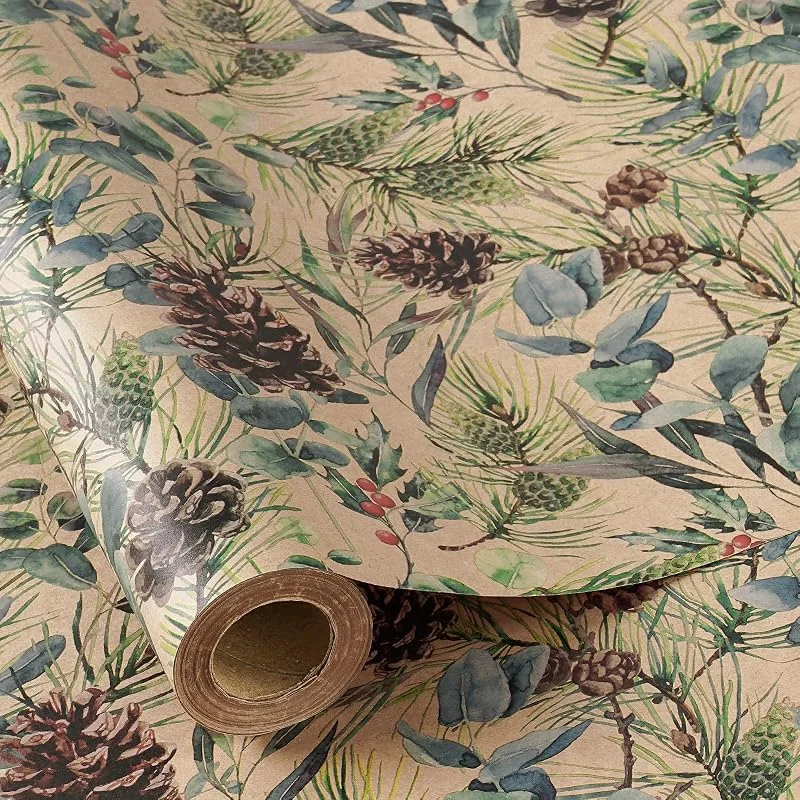 Visita la tienda de RUSPEPA RUSPEPA Rollo De Papel De Regalo Navideño Kraft, Diseño De Piñas De Acuarela Y Hojas De Eucalipto, Papel De Regalo Kraft Para Navidad, Fiestas De Invierno, Temática Rústica Natural, 43, 2 Cm X 5 M — Envoltorio regalo